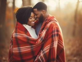 Loving african american couple is enjoying a romantic autumn day AI Generative photo