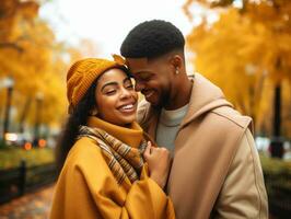 Loving african american couple is enjoying a romantic autumn day AI Generative photo