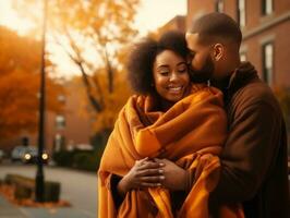 amoroso africano americano Pareja es disfrutando un romántico otoño día ai generativo foto