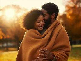 Loving african american couple is enjoying a romantic autumn day AI Generative photo