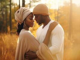 amoroso africano americano Pareja es disfrutando un romántico otoño día ai generativo foto