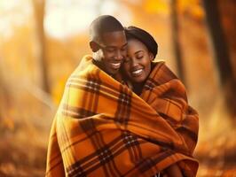 Loving african american couple is enjoying a romantic autumn day AI Generative photo