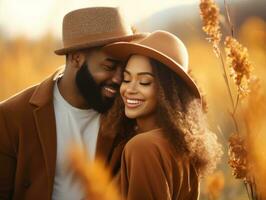 Loving african american couple is enjoying a romantic autumn day AI Generative photo