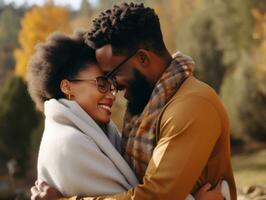 amoroso africano americano Pareja es disfrutando un romántico otoño día ai generativo foto