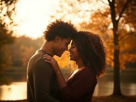 Loving african american couple is enjoying a romantic autumn day AI Generative photo