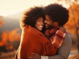 Loving african american couple is enjoying a romantic autumn day AI Generative photo