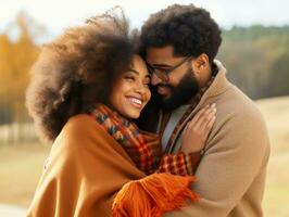 Loving african american couple is enjoying a romantic autumn day AI Generative photo