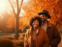 amoroso africano americano Pareja es disfrutando un romántico otoño día ai generativo foto