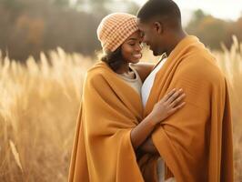 Loving african american couple is enjoying a romantic autumn day AI Generative photo