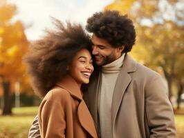 Loving african american couple is enjoying a romantic autumn day AI Generative photo