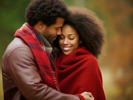 Loving african american couple is enjoying a romantic autumn day AI Generative photo