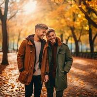 amoroso homosexual Pareja es disfrutando un romántico otoño día ai generativo foto