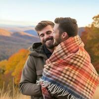 Loving homosexual couple is enjoying a romantic autumn day AI Generative photo