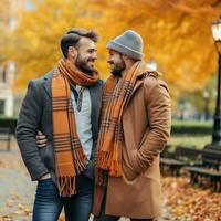 amoroso homosexual Pareja es disfrutando un romántico otoño día ai generativo foto