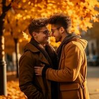 amoroso homosexual Pareja es disfrutando un romántico otoño día ai generativo foto