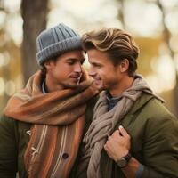 amoroso homosexual Pareja es disfrutando un romántico otoño día ai generativo foto