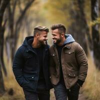 amoroso homosexual Pareja es disfrutando un romántico otoño día ai generativo foto