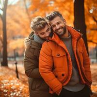 amoroso homosexual Pareja es disfrutando un romántico otoño día ai generativo foto