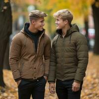 Loving homosexual couple is enjoying a romantic autumn day AI Generative photo