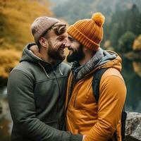 amoroso homosexual Pareja es disfrutando un romántico otoño día ai generativo foto