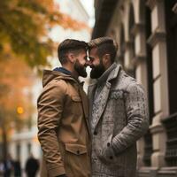 amoroso homosexual Pareja es disfrutando un romántico otoño día ai generativo foto