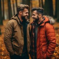 amoroso homosexual Pareja es disfrutando un romántico otoño día ai generativo foto