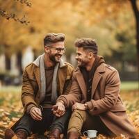 amoroso homosexual Pareja es disfrutando un romántico otoño día ai generativo foto