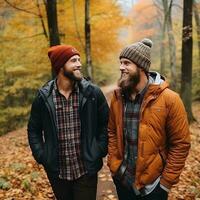 Loving homosexual couple is enjoying a romantic autumn day AI Generative photo