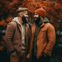 Loving homosexual couple is enjoying a romantic autumn day AI Generative photo