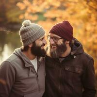 amoroso homosexual Pareja es disfrutando un romántico otoño día ai generativo foto