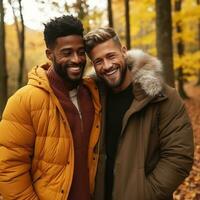 amoroso homosexual Pareja es disfrutando un romántico otoño día ai generativo foto