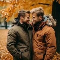 amoroso homosexual Pareja es disfrutando un romántico otoño día ai generativo foto