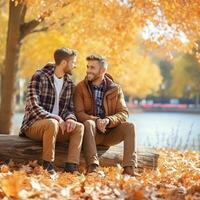 amoroso homosexual Pareja es disfrutando un romántico otoño día ai generativo foto