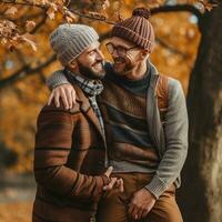 amoroso homosexual Pareja es disfrutando un romántico otoño día ai generativo foto