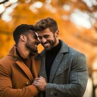 amoroso homosexual Pareja es disfrutando un romántico otoño día ai generativo foto