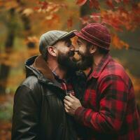 amoroso homosexual Pareja es disfrutando un romántico otoño día ai generativo foto