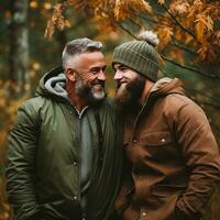 Loving homosexual couple is enjoying a romantic autumn day AI Generative photo