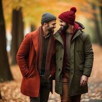 amoroso homosexual Pareja es disfrutando un romántico otoño día ai generativo foto