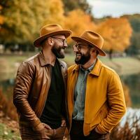 amoroso homosexual Pareja es disfrutando un romántico otoño día ai generativo foto