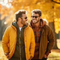 Loving homosexual couple is enjoying a romantic autumn day AI Generative photo