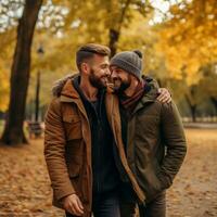amoroso homosexual Pareja es disfrutando un romántico otoño día ai generativo foto