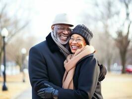 Loving old african american couple is enjoying a romantic winter day AI Generative photo