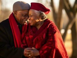 amoroso antiguo africano americano Pareja es disfrutando un romántico invierno día ai generativo foto