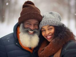 Loving old african american couple is enjoying a romantic winter day AI Generative photo