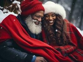 Loving old african american couple is enjoying a romantic winter day AI Generative photo