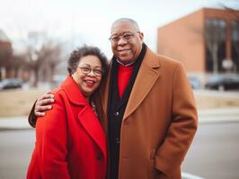 Loving old african american couple is enjoying a romantic winter day AI Generative photo