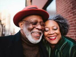 Loving old african american couple is enjoying a romantic winter day AI Generative photo