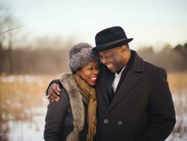 amoroso antiguo africano americano Pareja es disfrutando un romántico invierno día ai generativo foto