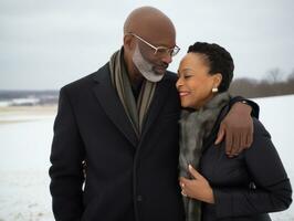 amoroso antiguo africano americano Pareja es disfrutando un romántico invierno día ai generativo foto