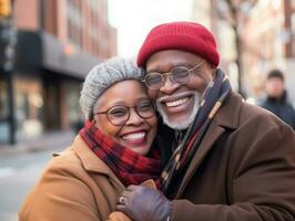 Loving old african american couple is enjoying a romantic winter day AI Generative photo